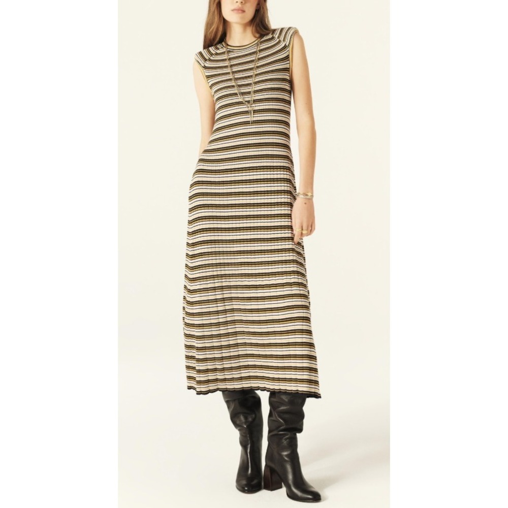 ba&sh Essie Dress Striped Ribbed Knit Maxi Navy Yellow Cream Size M Lady Dress